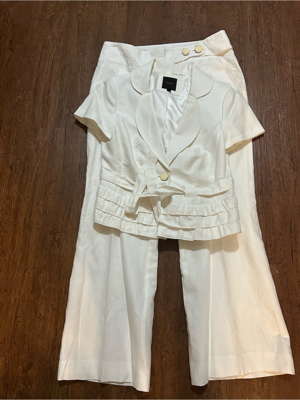 The Limited Linen Blend White Pantsuit 2PC Peplum Blazer Wide Leg Pants Y2K